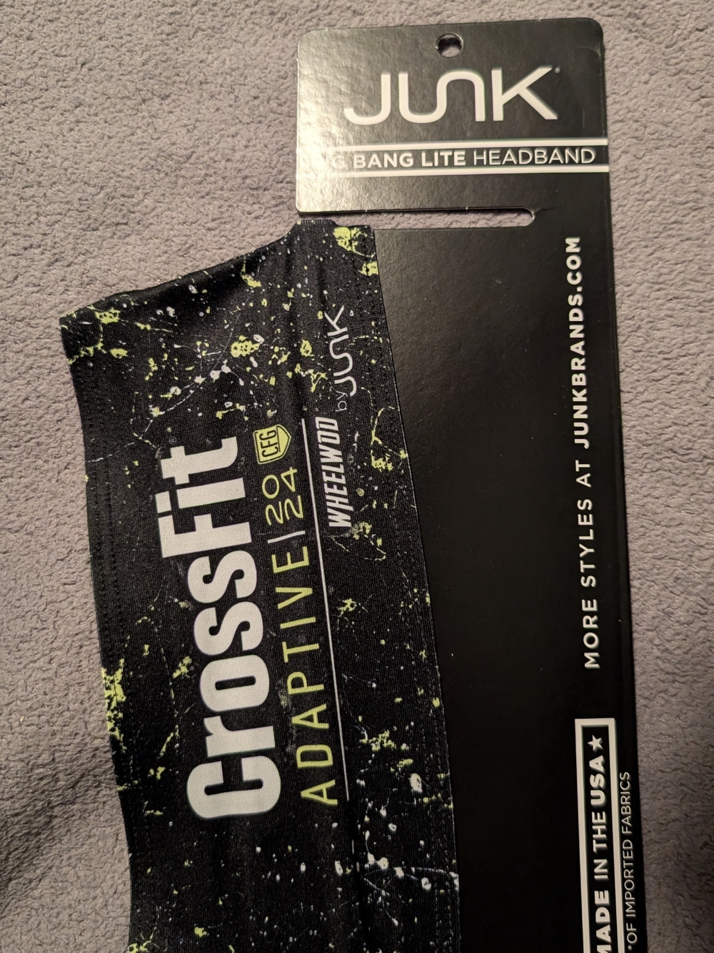 JUNK Athletic CrossFit Adaptive Games Headband in Black with Neon Green Splatter